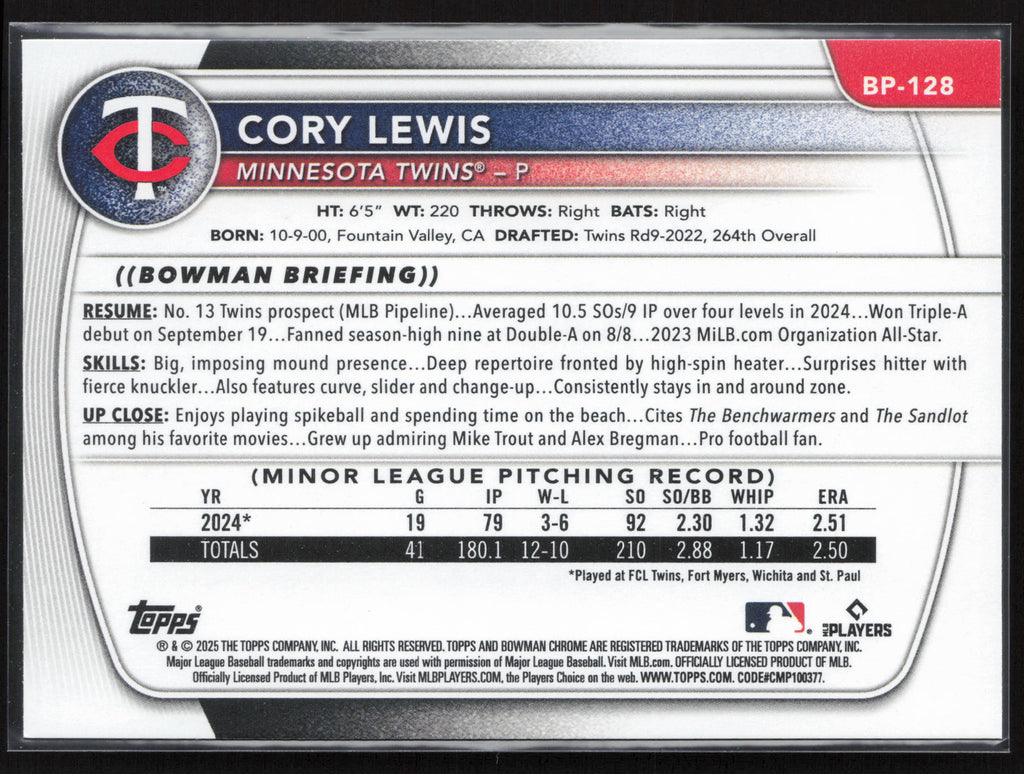 2025 Bowman #BP-128 Cory Lewis Prospects