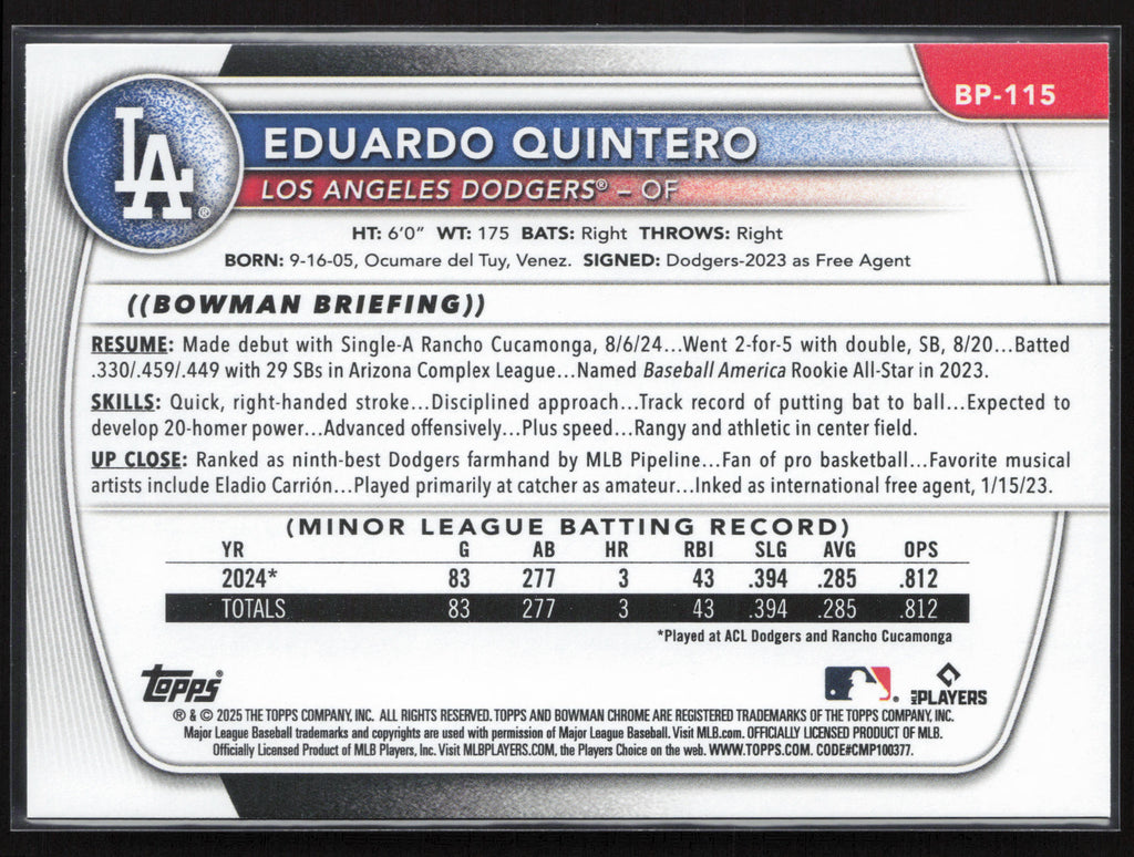 2025 Bowman #BP-115 Eduardo Quintero Prospects