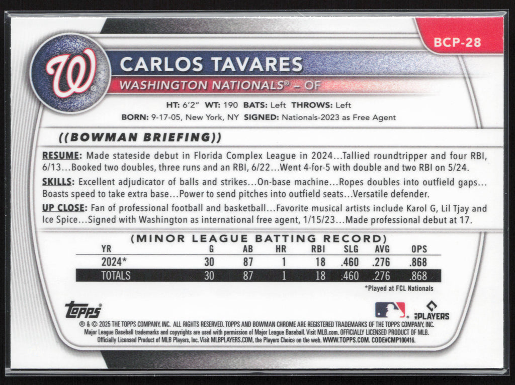 2025 Bowman #BCP-28 Carlos Tavares Chrome Prospects