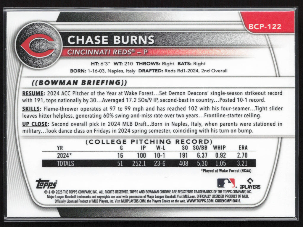 2025 Bowman #BCP-122 Chase Burns Chrome Prospects