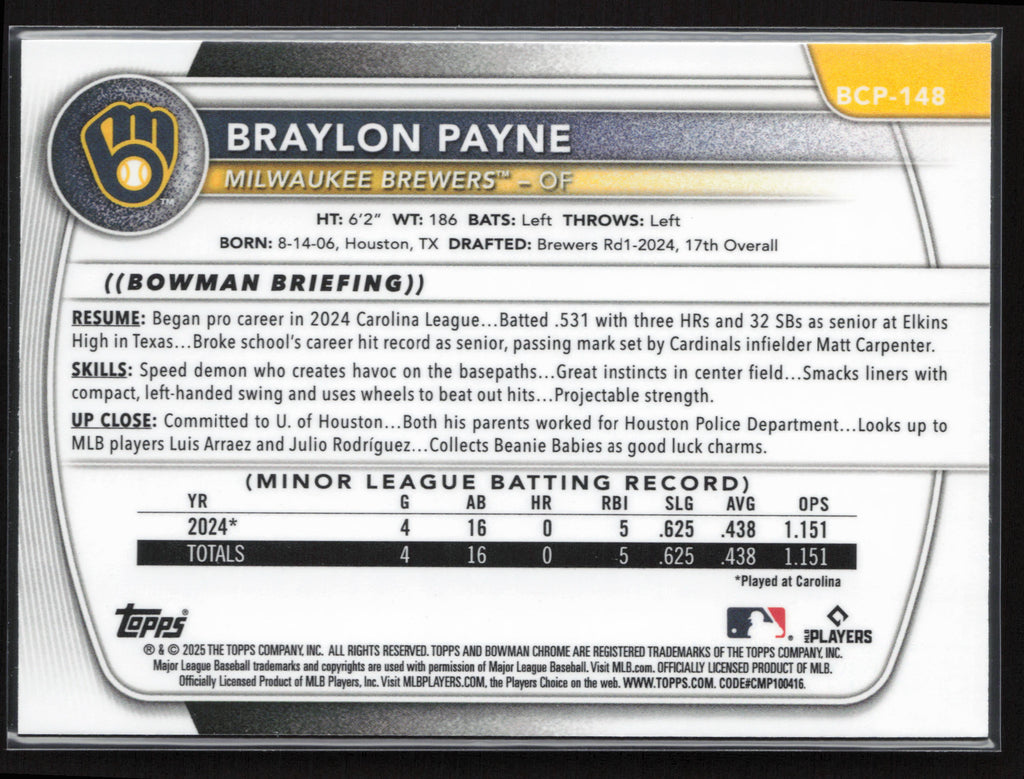 2025 Bowman #BCP-148 Braylon Payne Chrome Prospects