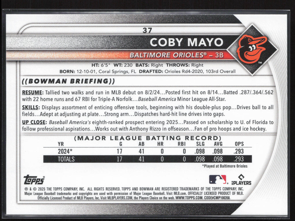 2025 Bowman #37 Coby Mayo