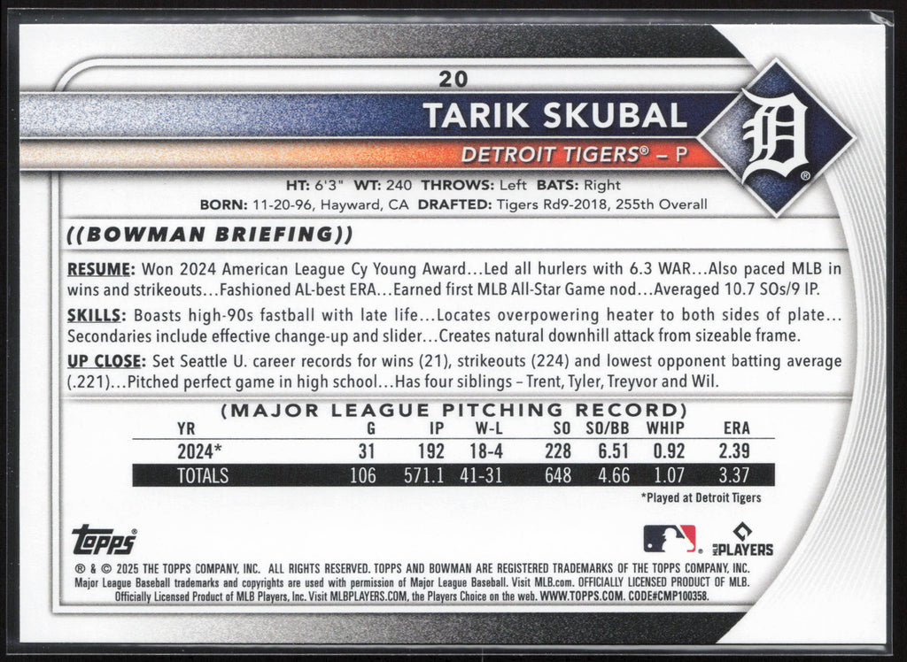 2025 Bowman #20 Tarik Skubal