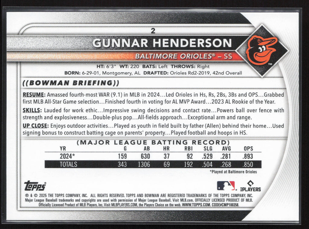 2025 Bowman #2 Gunnar Henderson