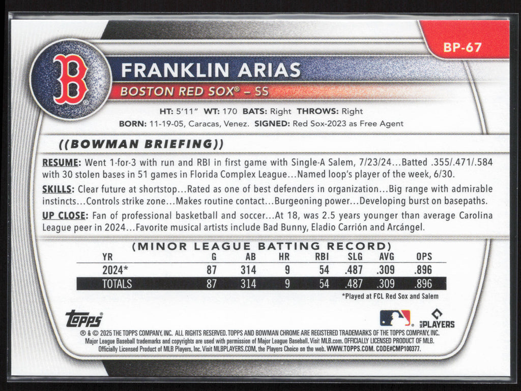 2025 Bowman #BP-67 Franklin Arias Prospects