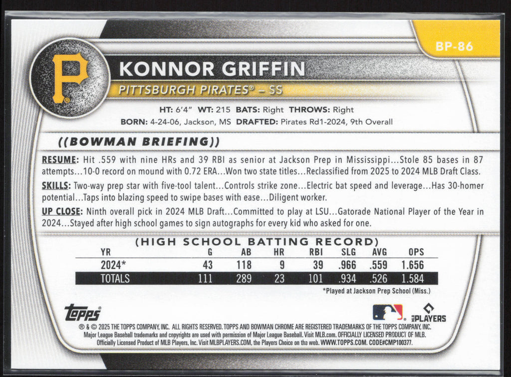 2025 Bowman #BP-86 Konnor Griffin Prospects