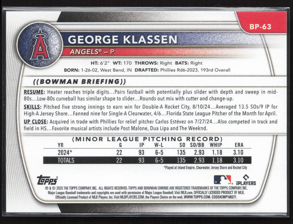 2025 Bowman #BP-63 George Klassen Prospects