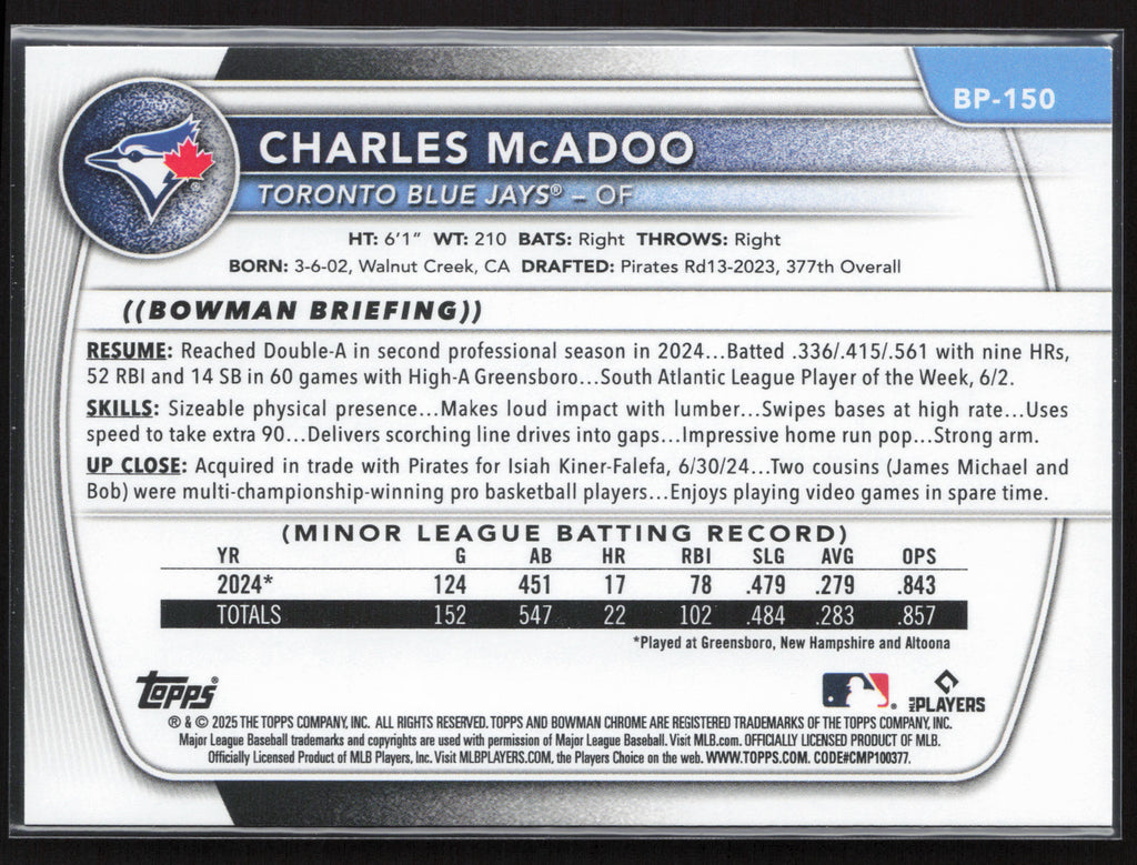 2025 Bowman #BP-150 Charles McAdoo Prospects