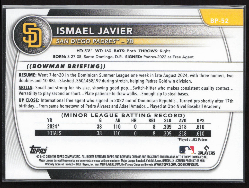 2025 Bowman #BP-52 Ismael Javier Prospects