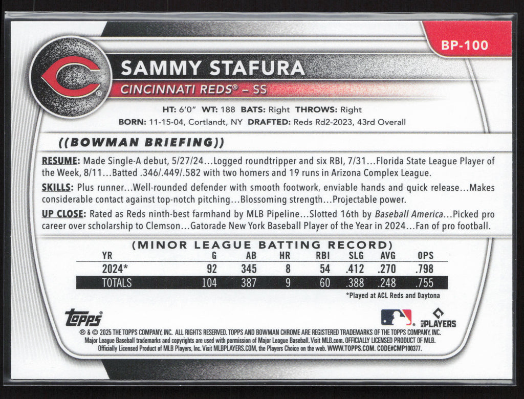 2025 Bowman #BP-100 Sammy Stafura Prospects