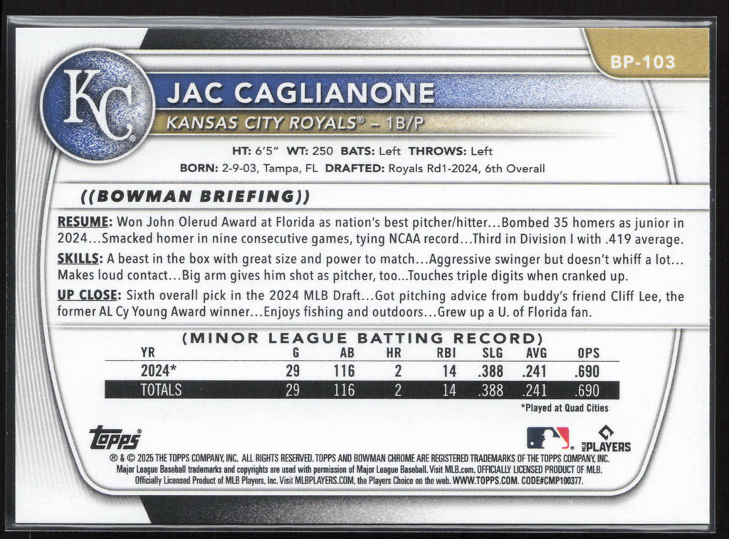 2025 Bowman #BP-103 Jac Caglianone Prospects