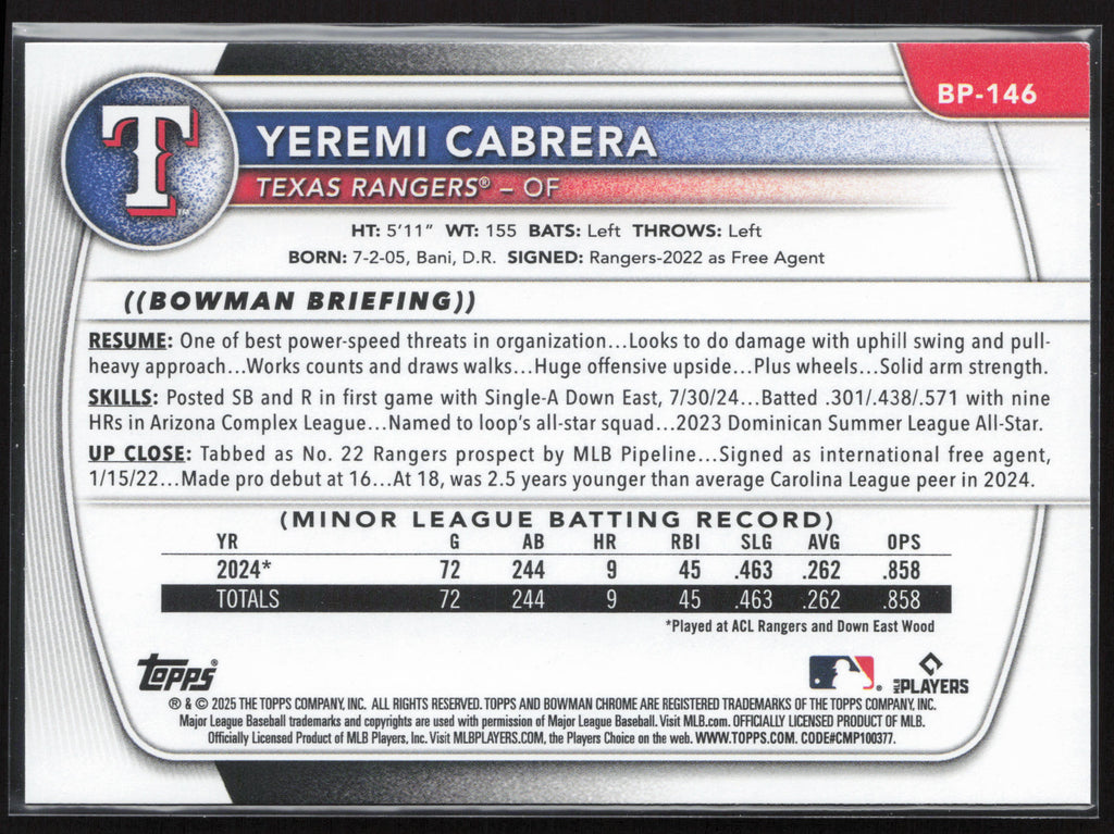 2025 Bowman #BP-146 Yeremi Cabrera Prospects