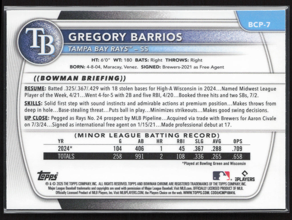 2025 Bowman #BCP-7 Gregory Barrios Chrome Prospects