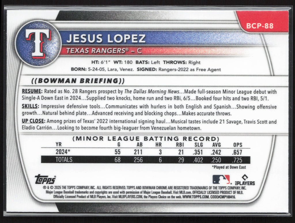 2025 Bowman #BCP-88 Jesus Lopez Chrome Prospects