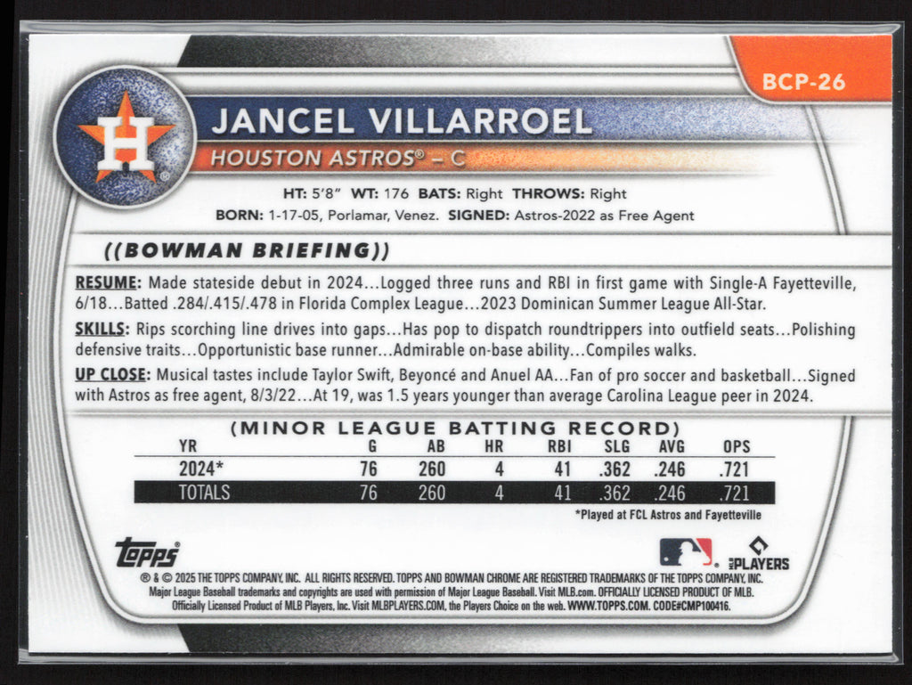 2025 Bowman #BCP-26 Jancel Villarroel Chrome Prospects