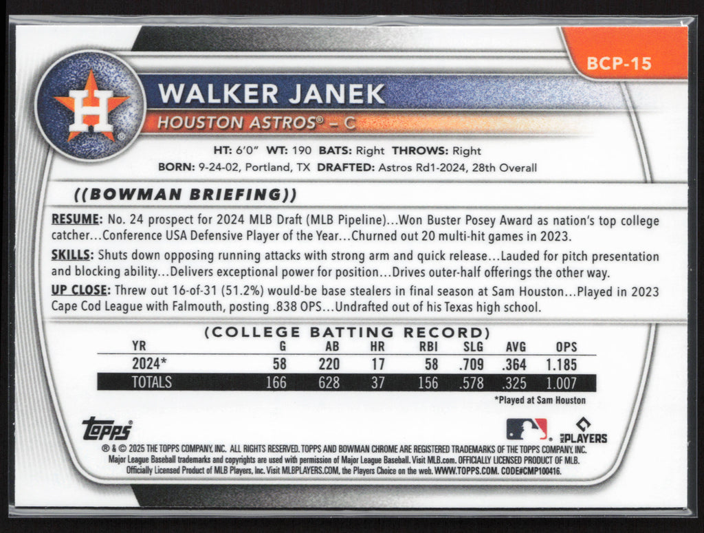2025 Bowman #BCP-15 Walker Janek Chrome Prospects