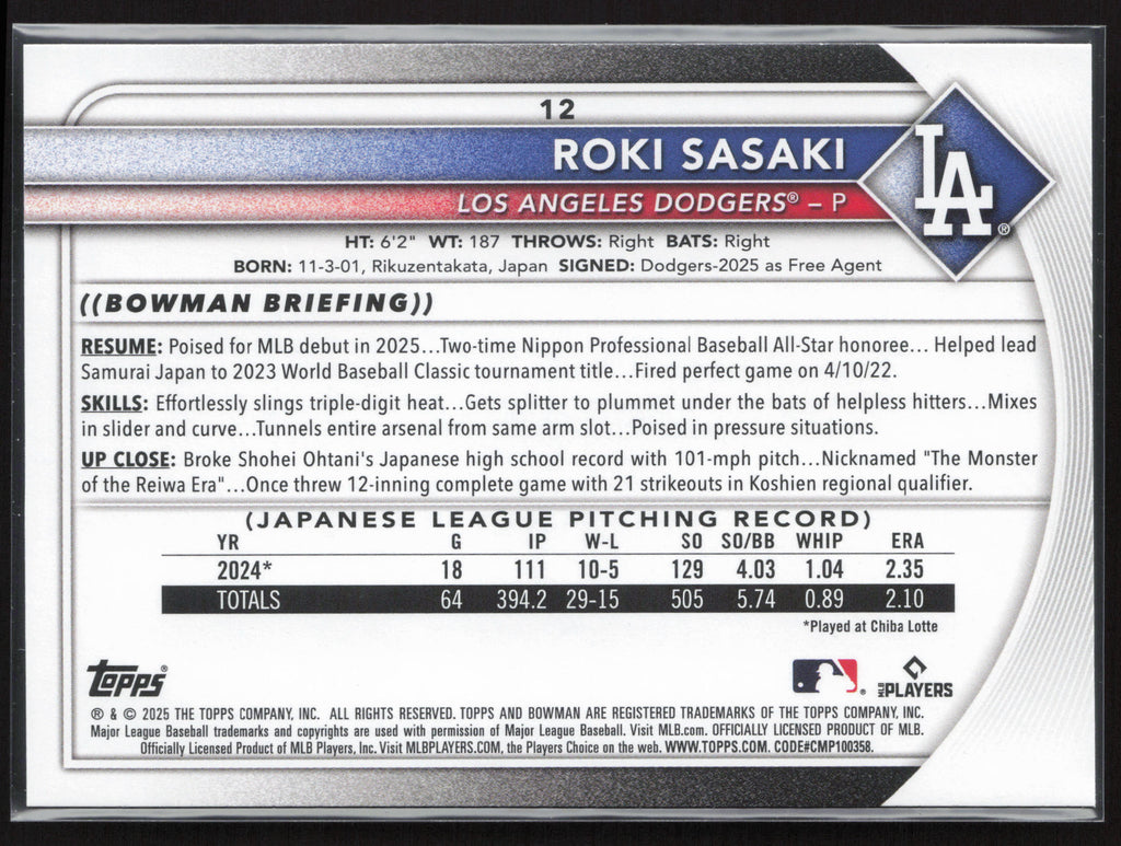 2025 Bowman #12 Roki Sasaki