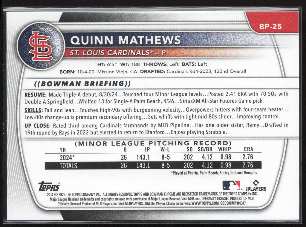 2025 Bowman #BP-25 Quinn Mathews Prospects