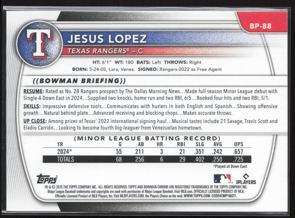 2025 Bowman #BP-88 Jesus Lopez Prospects