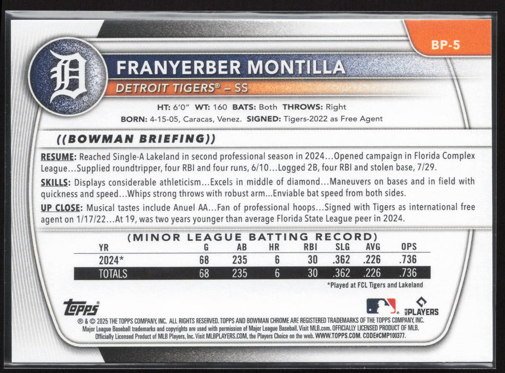 2025 Bowman #BP-5 Franyerber Montilla Prospects