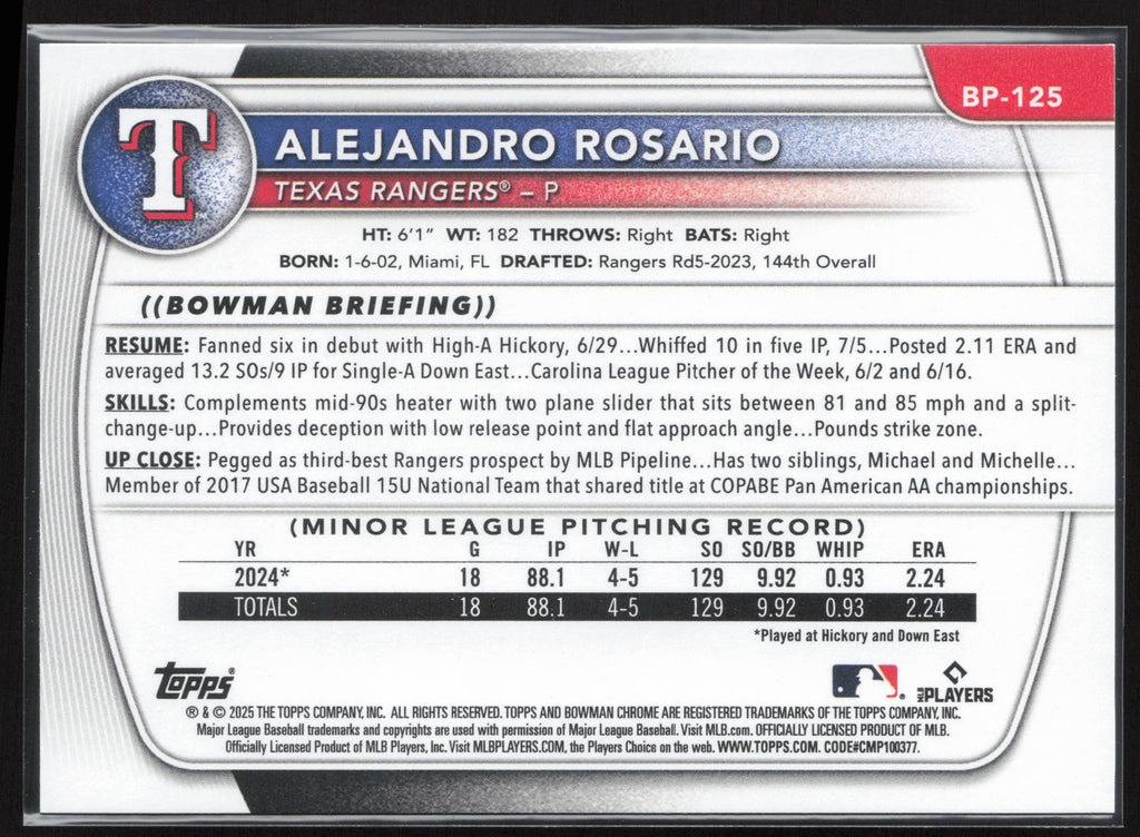 2025 Bowman #BP-125 Alejandro Rosario Prospects