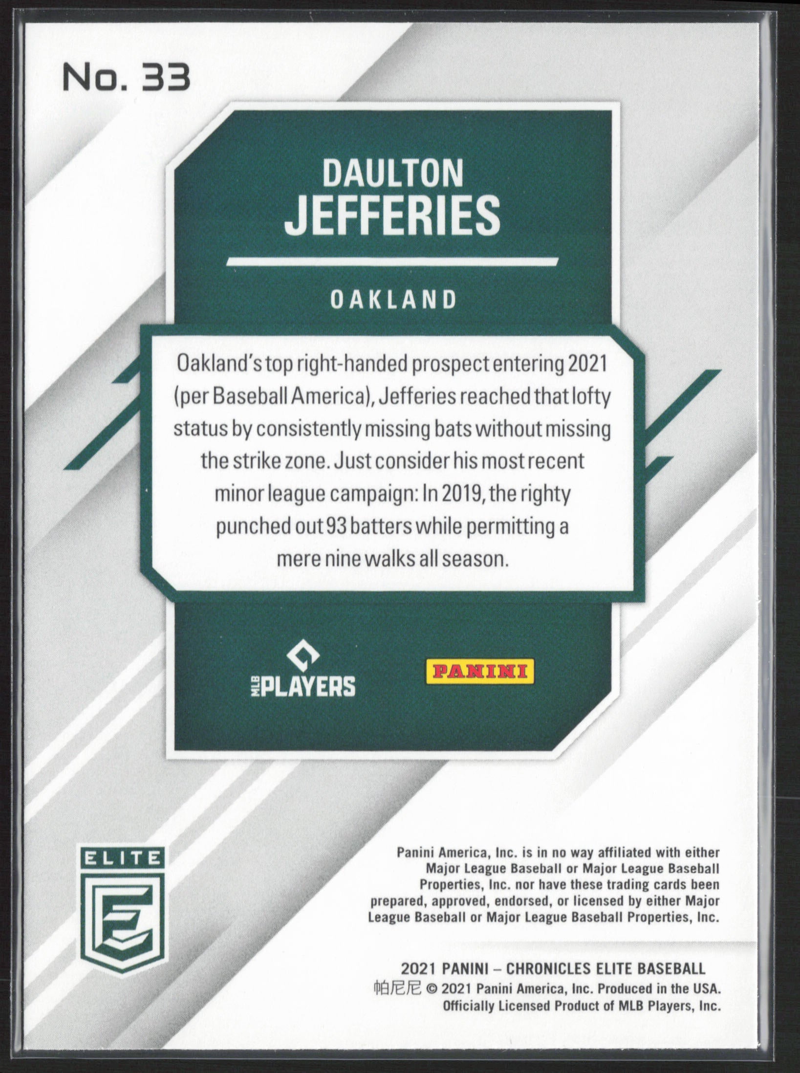 2021 Panini Chronicles #33 Daulton Jefferies Elite