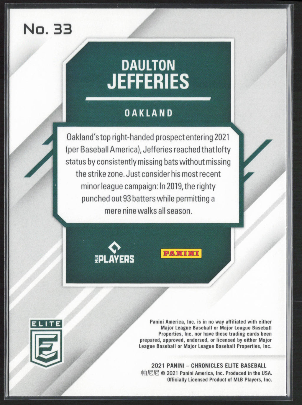 2021 Panini Chronicles #33 Daulton Jefferies Elite