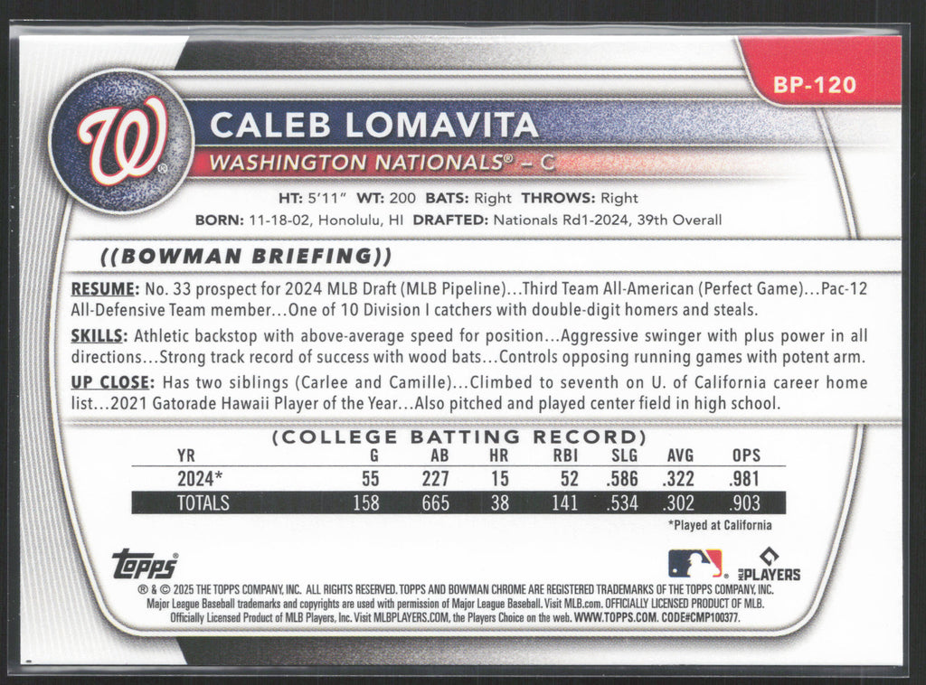 2025 Bowman #BP-120 Caleb Lomavita Prospects