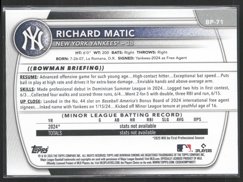 2025 Bowman #BP-71 Richard Matic Prospects
