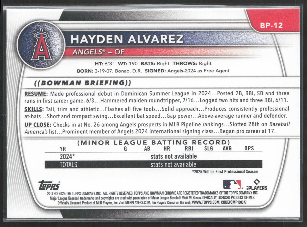 2025 Bowman #BP-12 Hayden Alvarez Prospects