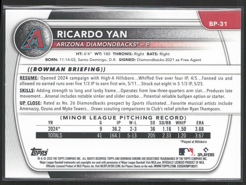 2025 Bowman #BP-31 Ricardo Yan Prospects