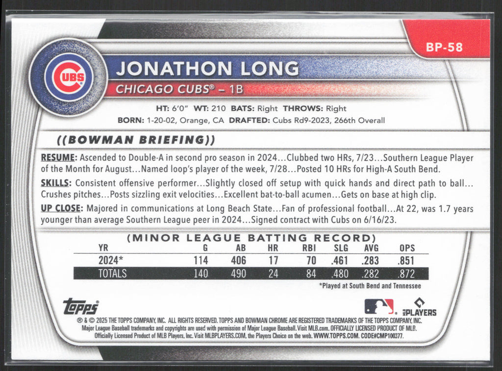 2025 Bowman #BP-58 Jonathon Long Prospects