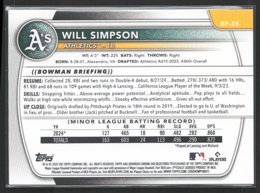 2025 Bowman #BP-35 Will Simpson Prospects