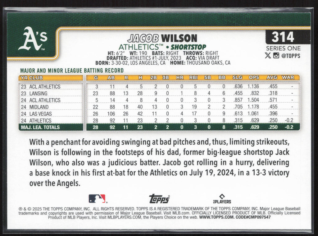 2025 Topps #314 Jacob Wilson