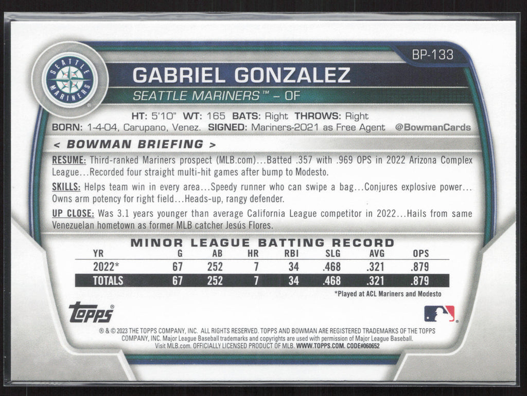 2023 Bowman #BP-133 Gabriel Gonzalez Prospects