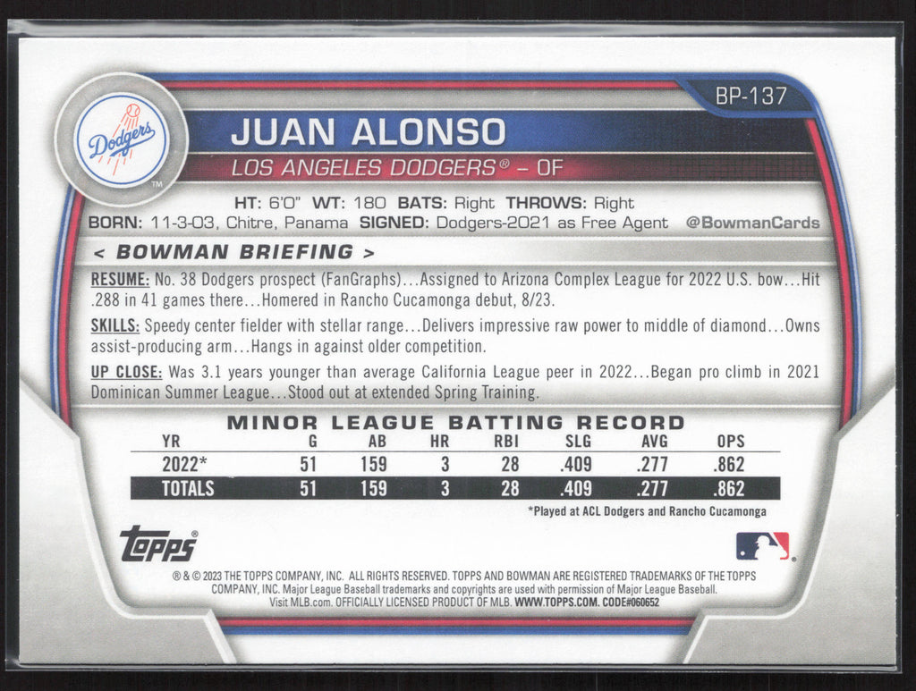 2023 Bowman #BP-137 Juan Alonso Prospects
