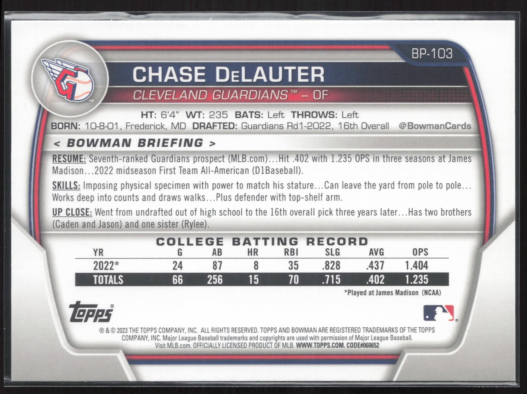 2023 Bowman #BP-103 Chase DeLauter Prospects