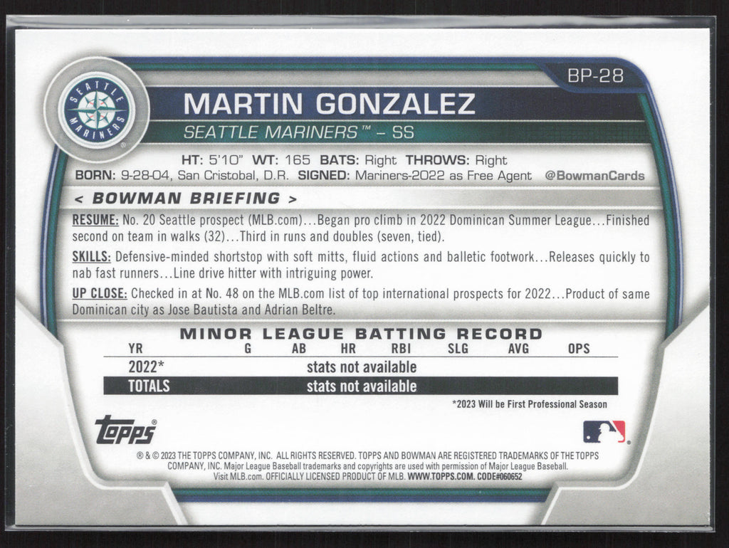 2023 Bowman #BP-28 Martin Gonzalez Prospects