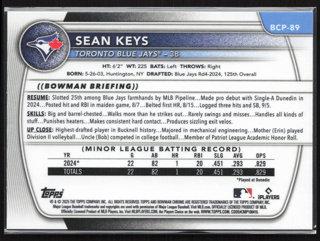 2025 Bowman #BCP-89 Sean Keys Chrome Prospects