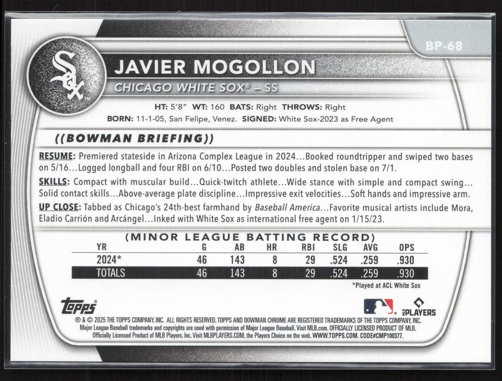 2025 Bowman #BP-68 Javier Mogollon Prospects