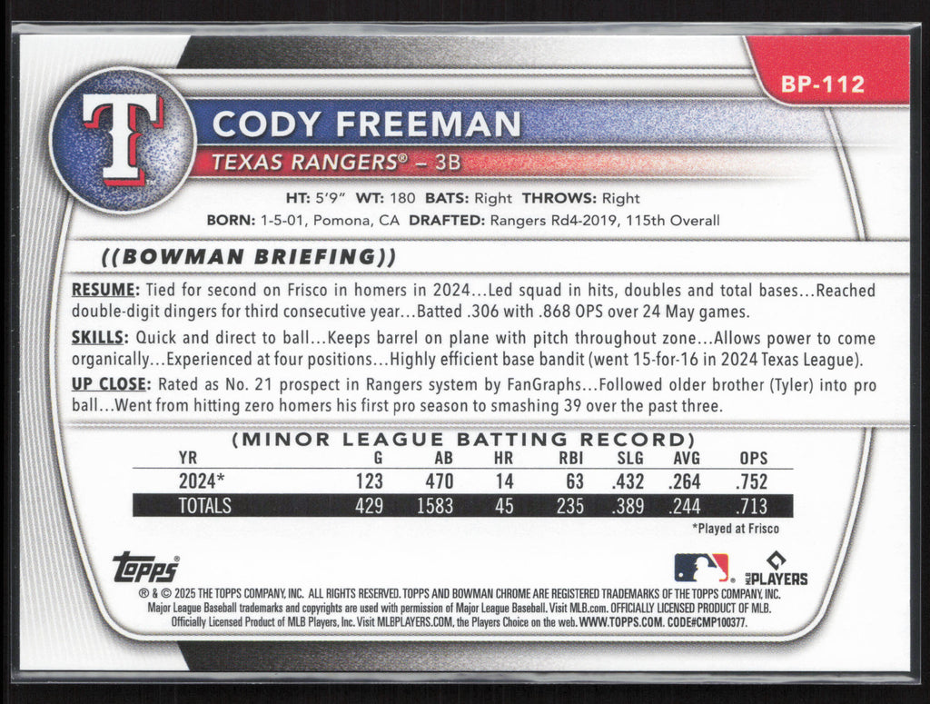 2025 Bowman #BP-112 Cody Freeman Prospects