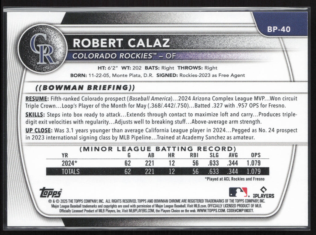 2025 Bowman #BP-40 Robert Calaz Prospects
