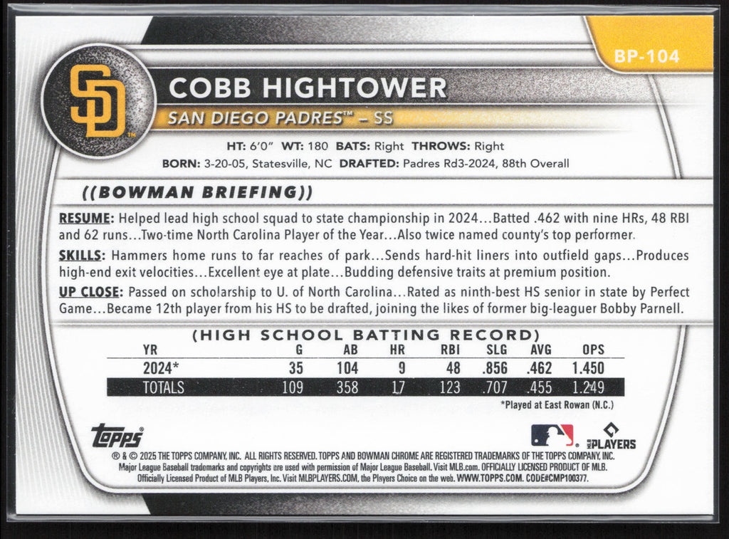 2025 Bowman #BP-104 Cobb Hightower Prospects