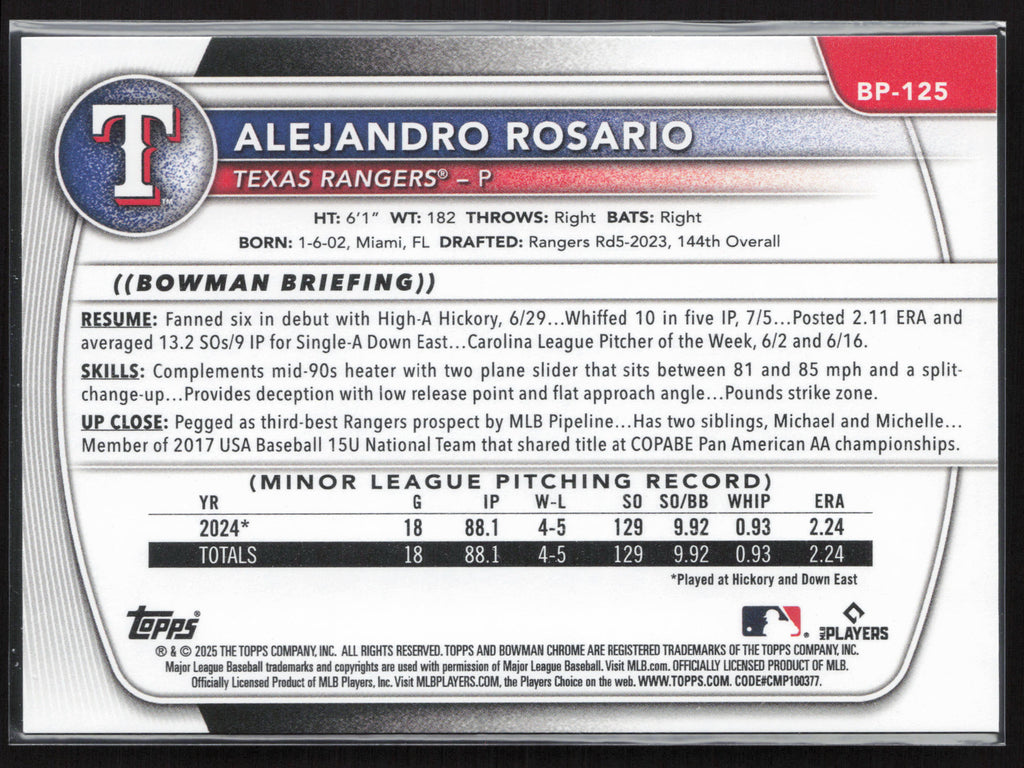 2025 Bowman #BP-125 Alejandro Rosario Prospects