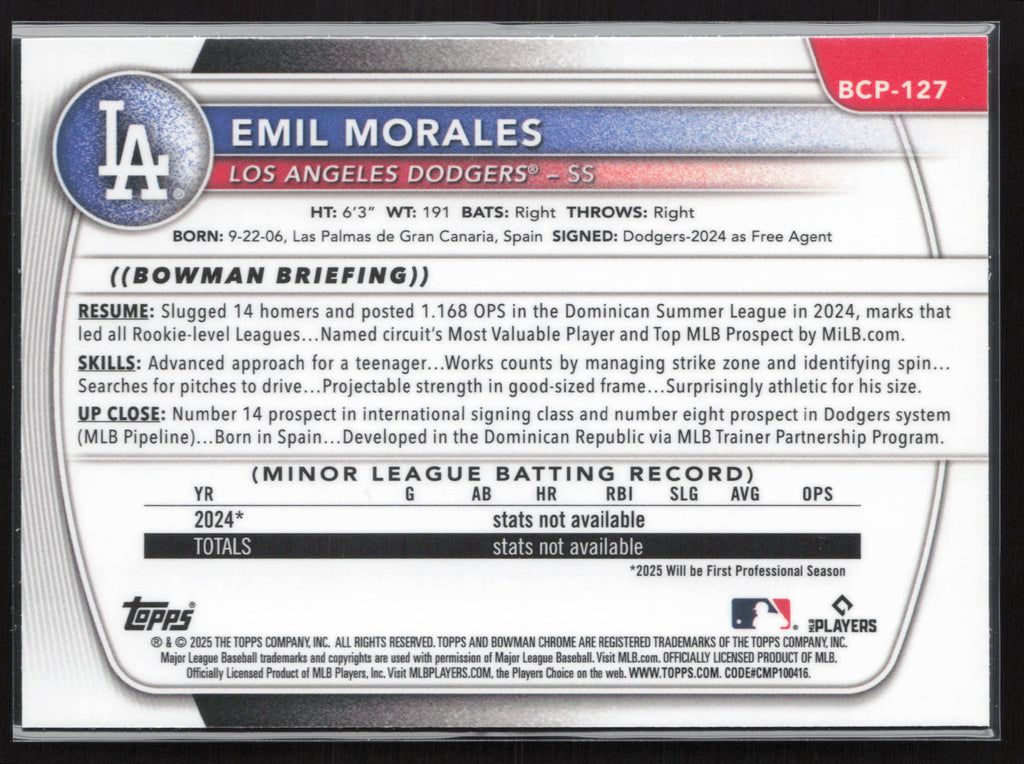 2025 Bowman #BCP-127 Emil Morales Chrome Prospects