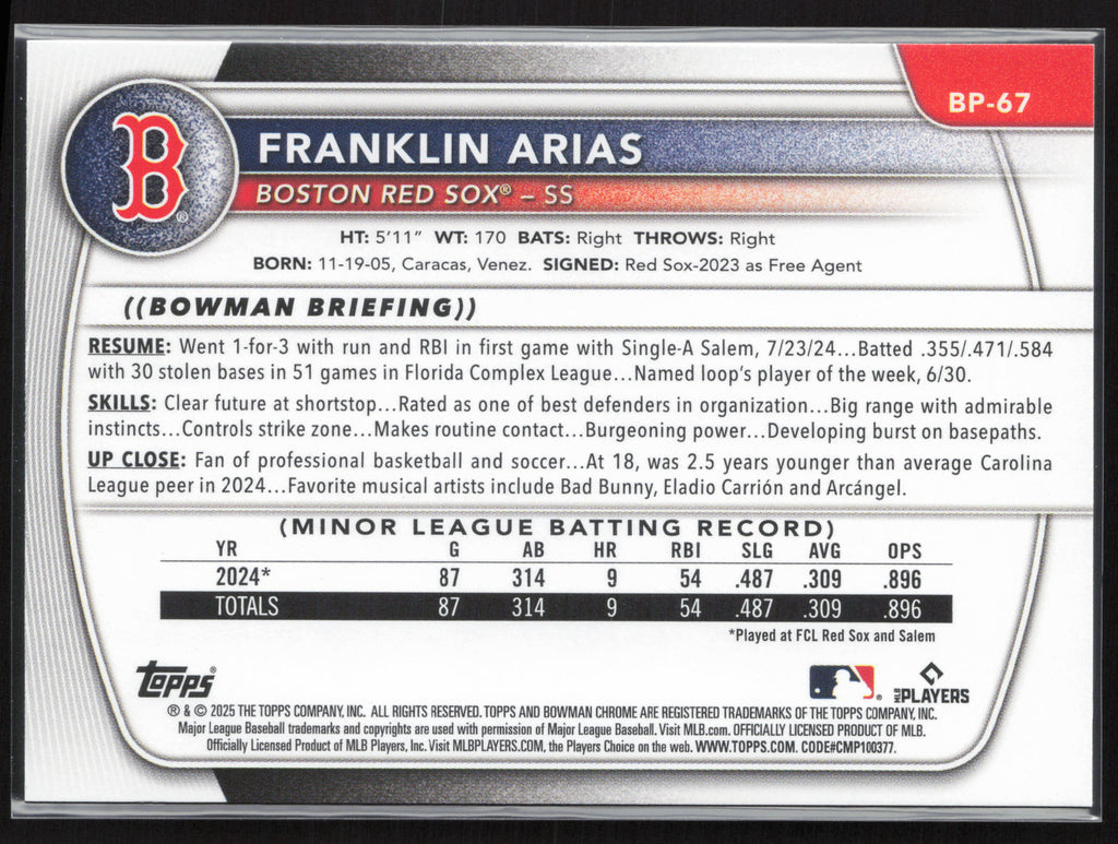 2025 Bowman #BP-67 Franklin Arias Prospects