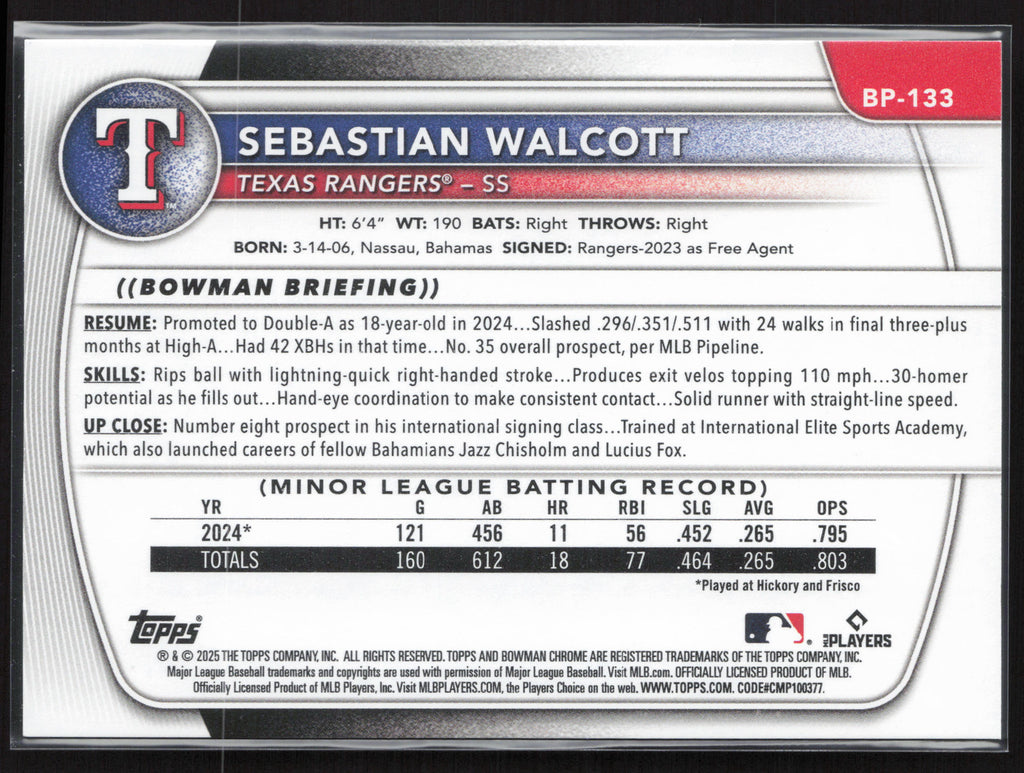 2025 Bowman #BP-133 Sebastian Walcott Prospects