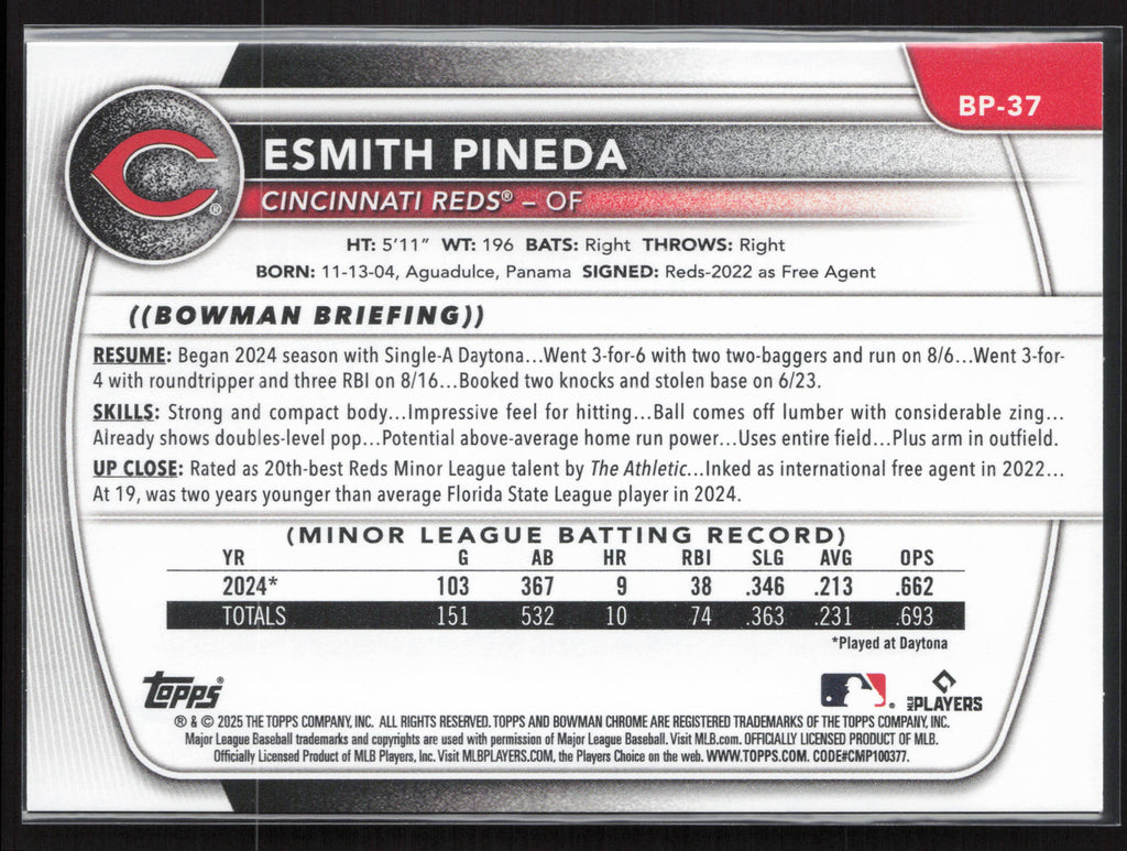 2025 Bowman #BP-37 Esmith Pineda Prospects