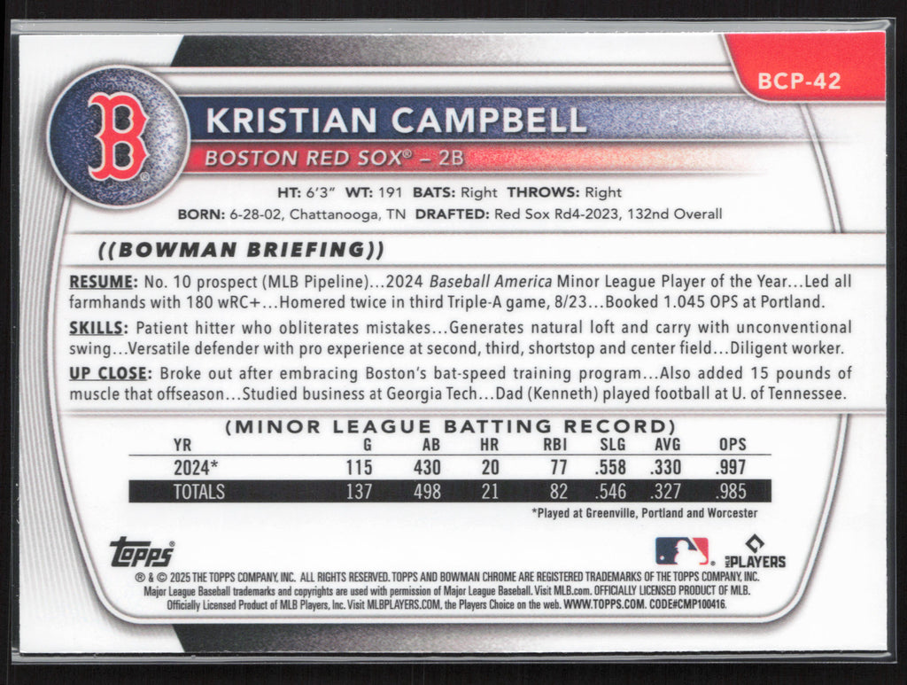 2025 Bowman #BCP-42 Kristian Campbell Chrome Prospects