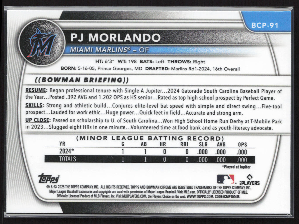 2025 Bowman #BCP-91 PJ Morlando Chrome Prospects
